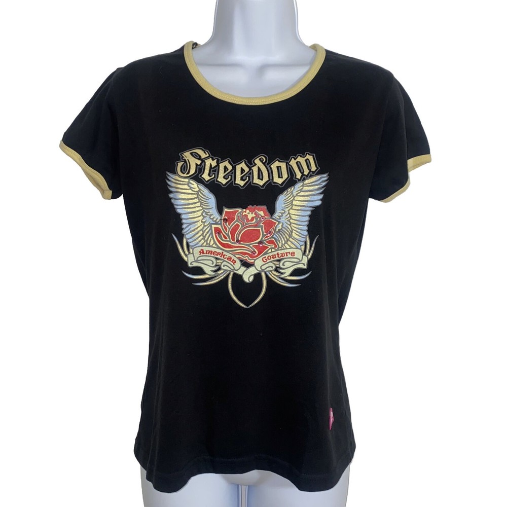 Porsche Jeans 90s Y2k Black Graphic T Shirt Freedom American Women Small Medium